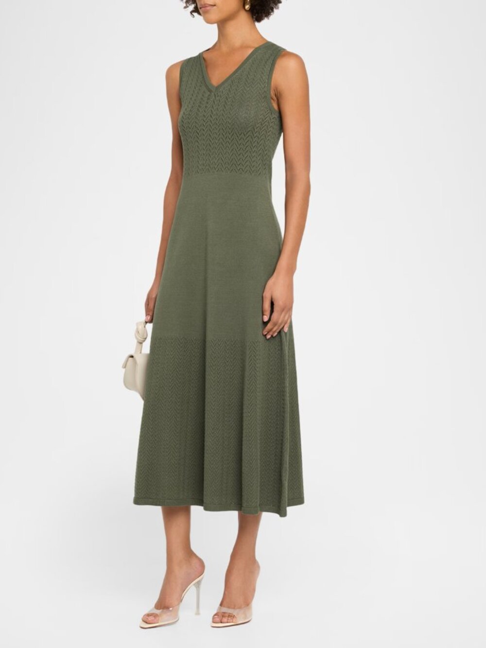 Elie Tahari The Elena Pointelle-Knit Midi Sweater Dress in dark sage size M new - Picture 2 of 9